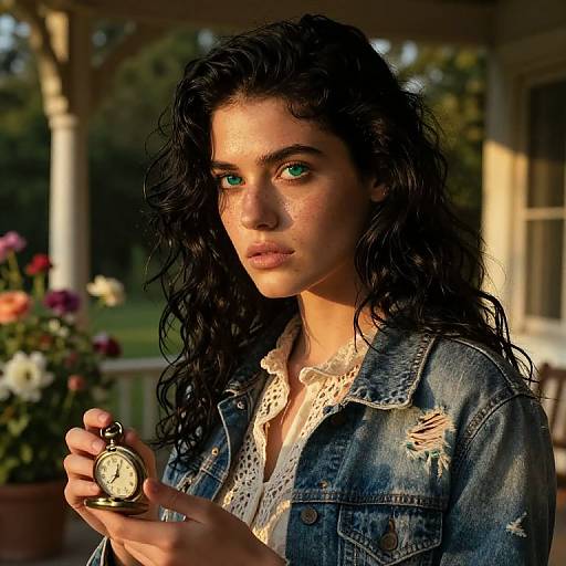 Photograph of a young woman with long, wavy black hair, green eyes, and tanned skin, wearing a distressed denim jacket over a white