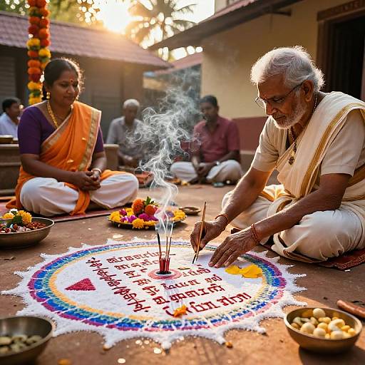 Photograph of elderly Indian man with white hair, beard, white dhoti, and yellow shawl, marking a colorful ritual circle on ground,