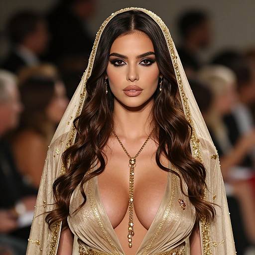 Photograph of a beautiful, dark-haired woman with long wavy hair, wearing a gold-embellished, sheer veil and plunging gold dress