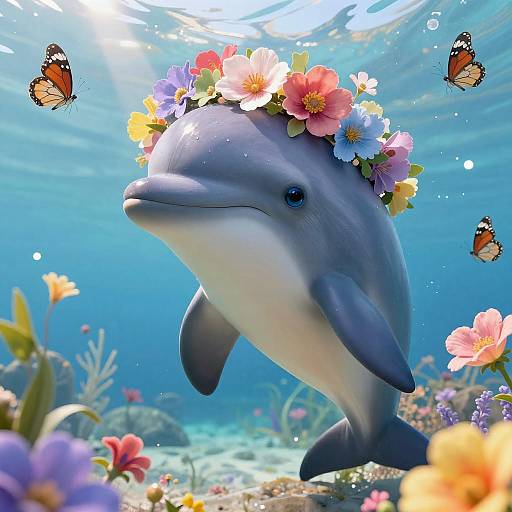 Adorable Baby Dolphin in Floral Fantasy
