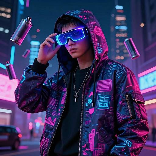 Neon-lit city street photograph of young Asian man in black jacket with colorful patterns, blue neon visor, and cross necklace, holding can alo