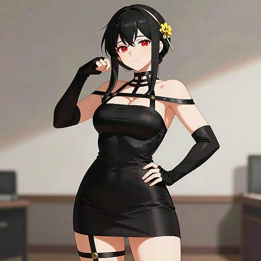 Confident Curvy Anime Woman in Black Dress
