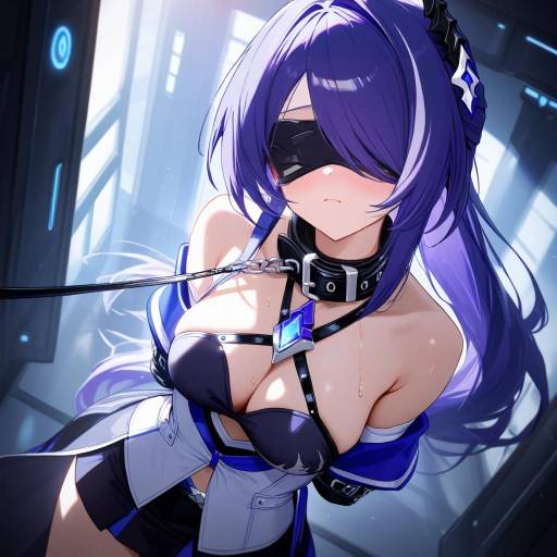 Anime Girl with Purple Hair in BDSM Outfit