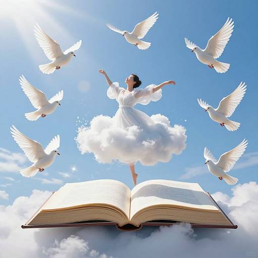 Photograph of a woman in a white dress standing on an open book with doves flying around her against a bright blue sky.