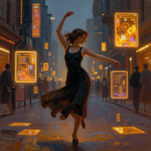 Impressionist Girl Dancing Amid Holograms