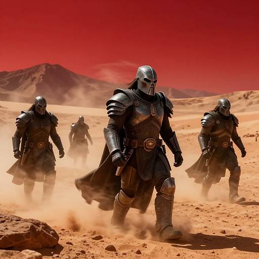 Photorealistic CGI of four armored warriors in metallic helmets walking through a dusty, red desert with mountains under a vibrant red sky.