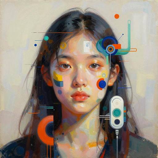 Digital painting of an Asian woman with long black hair, realistic yet abstract, featuring colorful geometric shapes and lines overlaying her face.