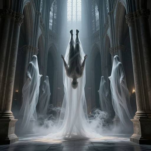 Photorealistic CGI: Silhouetted ghostly figure with raised arms, surrounded by ethereal white-robed ghosts, in a dimly lit