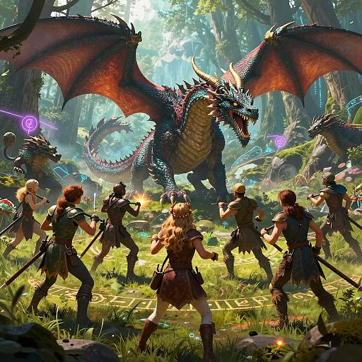 Digital fantasy artwork: Brave warriors with swords face a massive, red-scaled dragon with glowing purple eyes in a sunlit, enchanted forest.