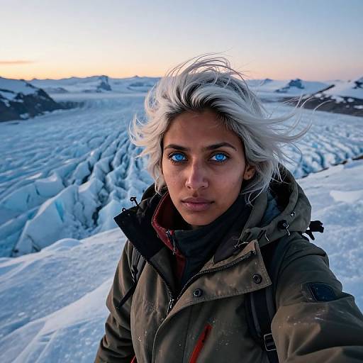 Photograph of a young woman with striking blue eyes, silver hair, and olive-green jacket in a snowy, glacier landscape at sunset.