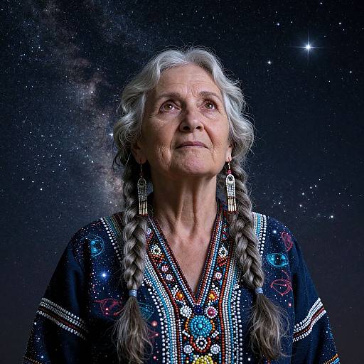 Photograph of an elderly woman with long, gray braided hair, wearing a detailed, star-patterned traditional dress, set against a cosmic, star