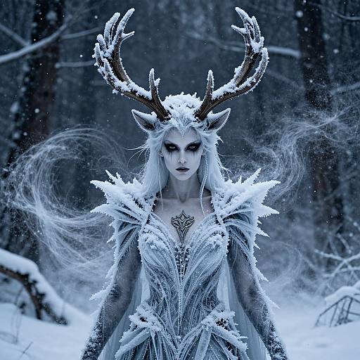 Photograph of a pale, ethereal woman with long white hair, snow-covered antlers, and intricate icy armor, standing in a snowy forest.