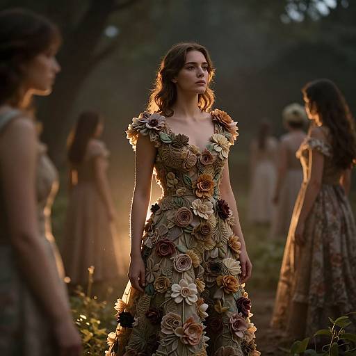 Photograph of a woman with wavy brown hair in a floral dress adorned with large, colorful fabric flowers, standing in a dimly lit forest at