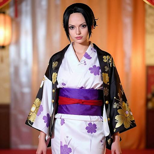 Photograph of a woman with short black hair, wearing a white floral kimono with a purple obi and black floral jacket. Warm, blurry orange