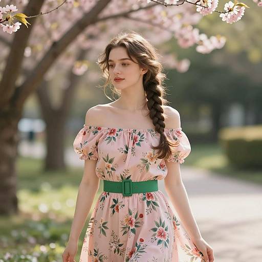 Woman in Pink Floral Dress with Cherry Blossoms