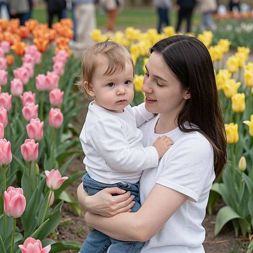 Photograph of a smiling woman with long dark hair, in a white shirt, holding a baby with light brown hair in a white shirt and blue jeans