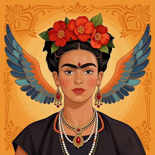 Digital portrait of Frida Kahlo with red flower headband, orange feather wings, red gem forehead dot, and traditional jewelry against orange background.