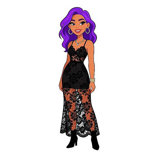Digital illustration of a smiling woman with purple hair, wearing a black lace dress, hoop earrings, bracelet, necklace, and black heels.