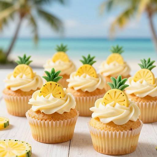 Photograph of six tropical cupcakes with swirled white frosting, pineapple slices, and small pineapple tops, set on a sunny beach with blurred palm trees