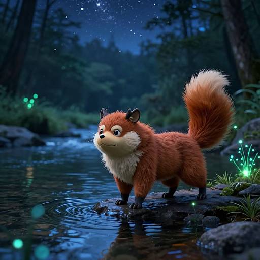 Digital artwork of a cute, fluffy red fox with a white-tipped tail standing in a moonlit forest stream, surrounded by glowing fireflies.