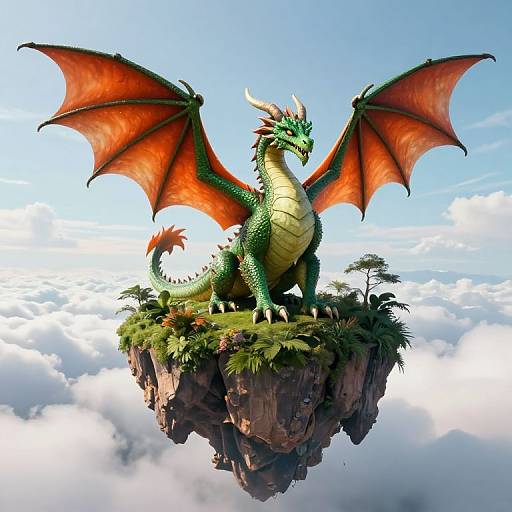 Digital artwork of a vibrant green dragon with orange wings, standing on a grassy, rocky island amidst fluffy clouds and blue sky.
