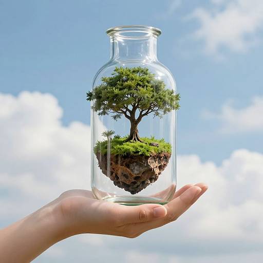 Photograph of a hand holding a clear glass bottle with a small tree on a floating soil and grass island, against a bright blue sky with fluffy white