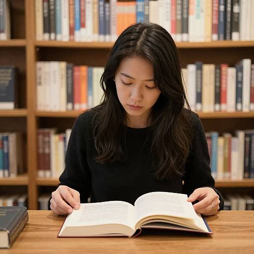 Asian woman with long black hair, wearing a black sweater, deeply focused on an open book, in a library with wooden shelves filled with colorful books.