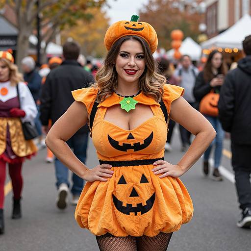 Photograph of a curvy woman with large breasts, wearing an orange pumpkin-themed Halloween costume, including a hat, dress, and fishnet stockings,