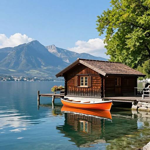 Photograph of a small wooden cabin by a serene lake, with a bright orange rowboat docked, surrounded by mountains and green trees under a clear