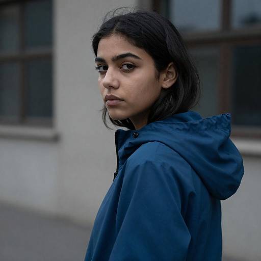 Moody Urban Portrait: Woman in Blue Hood