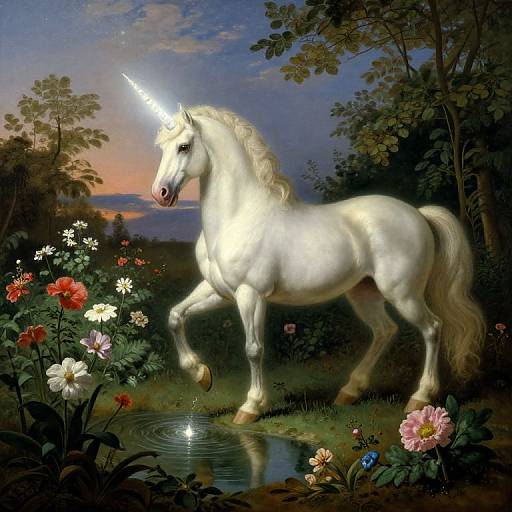 Digital fantasy artwork of a glowing white unicorn with a unicorn horn, standing in a lush, colorful garden at twilight, reflected in a small pond.