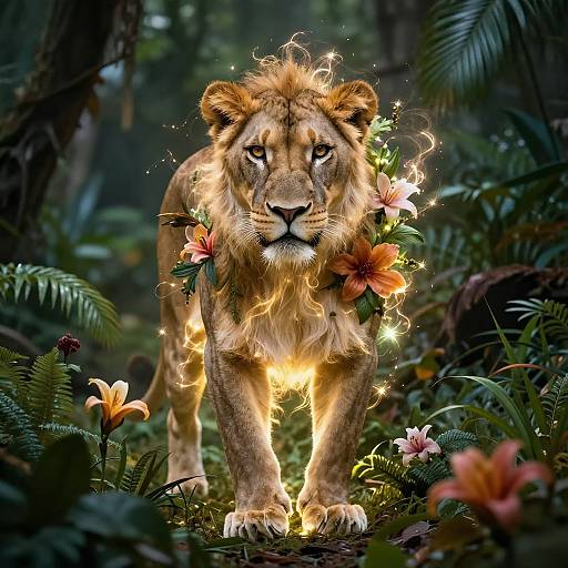 Photorealistic digital art of a majestic lion adorned with glowing flowers and sparks, standing in a lush, dark forest.