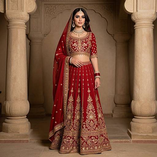 Photograph of a South Asian woman in a red and gold traditional lehenga with a matching dupatta, standing in a ornate, stone-columned