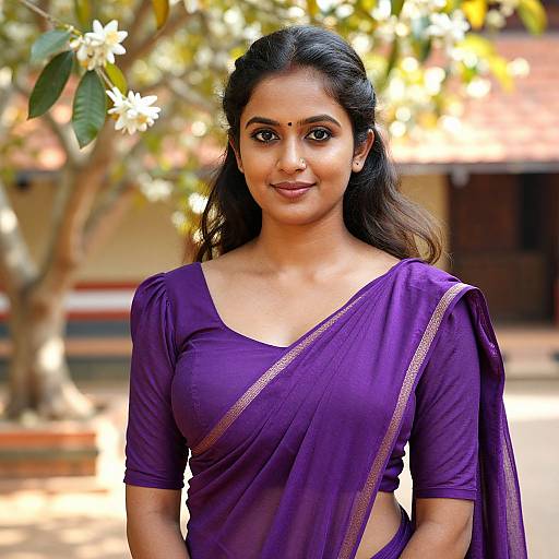 Photograph of a smiling Indian woman with dark hair, wearing a purple saree with gold trim, standing outdoors with blurred foliage and building in background.