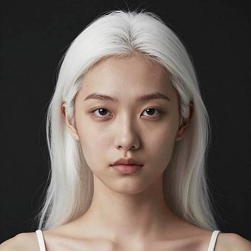 Digital portrait of a young woman with long, white hair, pale skin, and neutral expression, set against a black background.