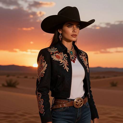 Photograph of a Latina woman in a black cowboy hat, embroidered jacket, white shirt, and jeans, standing in a desert at sunset.