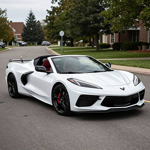 Photograph of a sleek, white Porsche 911 Carrera Convertible with black accents, red brake calipers, parked on a suburban street.