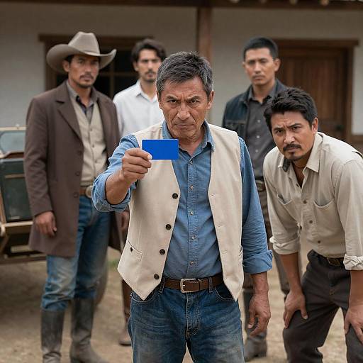 Group of Men in Rustic Setting with Blue Card
