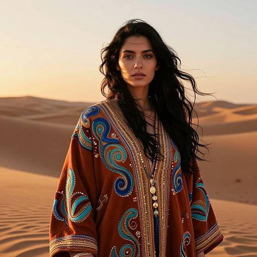 Photograph of a long-haired woman with dark skin and piercing eyes, wearing an ornately embroidered, colorful desert robe, standing in a sunlit sandy