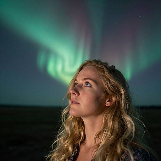 Photograph of a blonde woman with wavy hair gazing at the Northern Lights, her face illuminated by the green and blue auroras in a dark