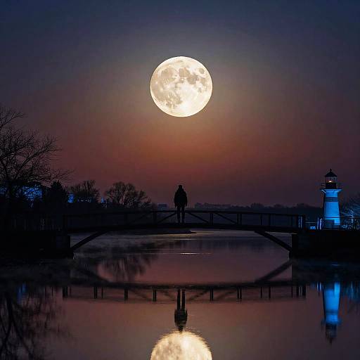 Photograph of a silhouetted person standing on a bridge at night, with a full moon illuminating a reflective, blue-lit water scene