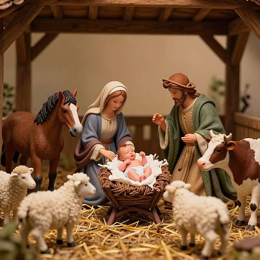 Nativity scene photograph: Mary in blue and white, Joseph in green, baby Jesus in manger, horse, cow, and sheep, wooden stable