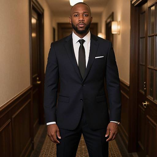 Photograph of a bald Black man in a black suit, white shirt, and black tie standing in a dimly lit hallway.