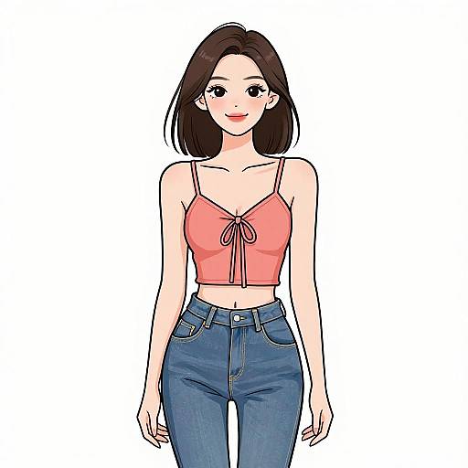 Digital anime-style drawing of a young woman with straight brown hair, fair skin, wearing a pink crop top and blue jeans, smiling against a white background