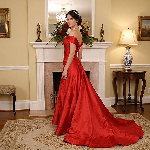 Photograph of a woman in an off-shoulder, red satin gown, standing in an elegant room with a white fireplace, floral arrangement, and