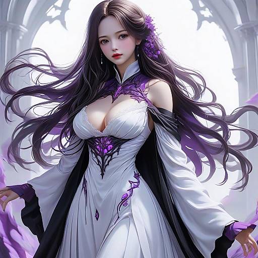Digital artwork of a beautiful Asian woman with long black hair, large breasts, wearing a white and purple, cleavage-revealing dress, standing in