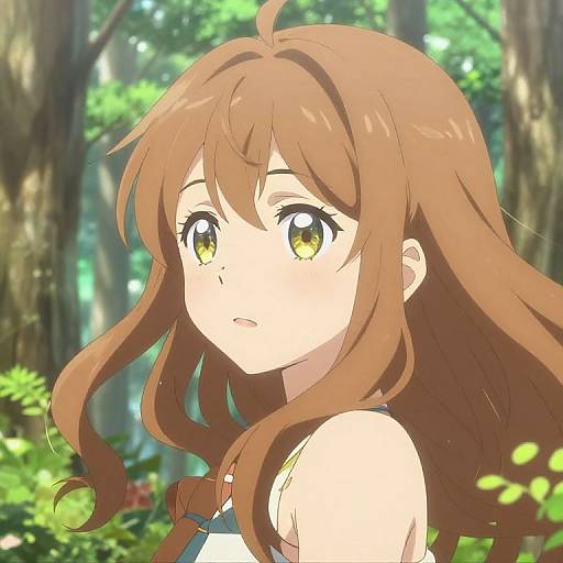 Anime-style digital drawing of a young girl with long brown hair, yellow eyes, and a white sleeveless top, standing in a sunlit forest.