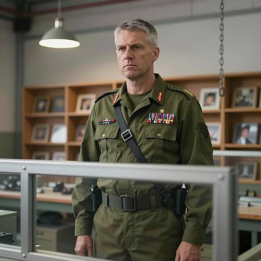 Military Man in Industrial Setting