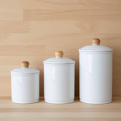 Photograph of three white, cylindrical ceramic canisters with wooden lids, arranged from smallest to largest, on a light wooden surface against a matching wooden background
