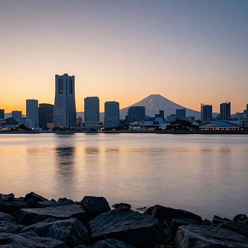 Photograph of a cityscape at sunset with a snow-capped mountain, calm water reflecting city lights, and rocky shoreline in the foreground.